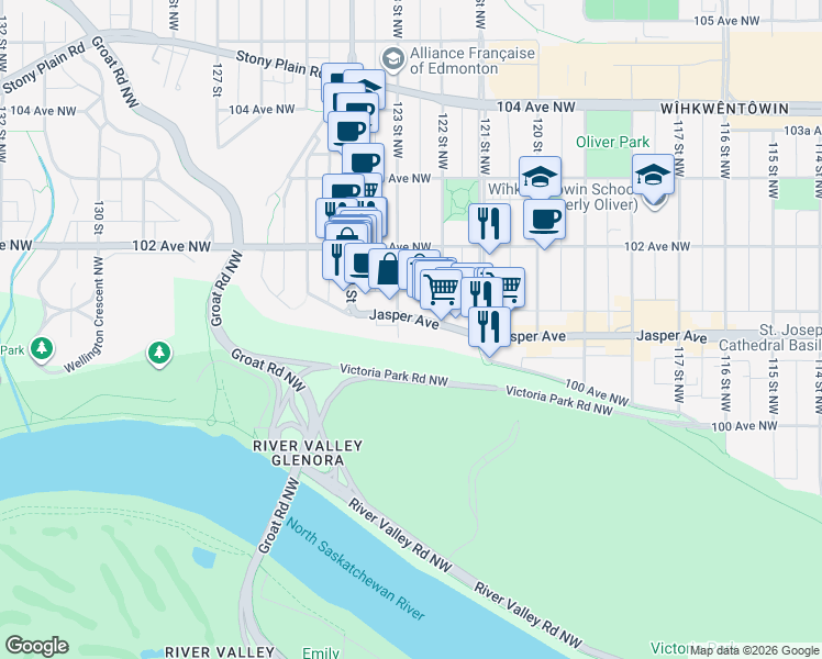 map of restaurants, bars, coffee shops, grocery stores, and more near 10011 123 Street Northwest in Edmonton