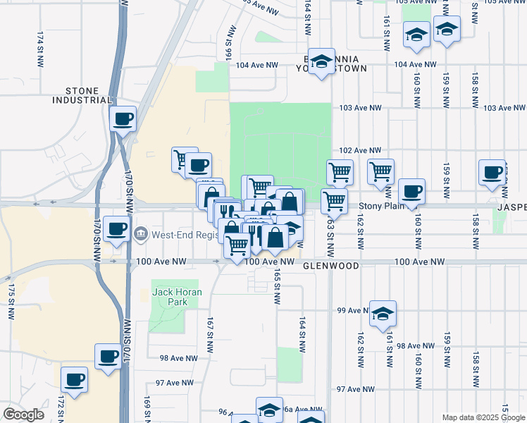 map of restaurants, bars, coffee shops, grocery stores, and more near 16527 Stony Plain Road in Edmonton