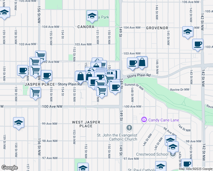 map of restaurants, bars, coffee shops, grocery stores, and more near 15003 Stony Plain Road in Edmonton