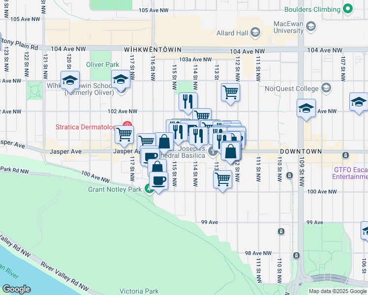 map of restaurants, bars, coffee shops, grocery stores, and more near in Edmonton