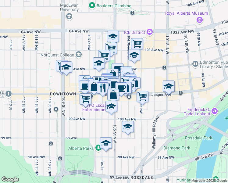 map of restaurants, bars, coffee shops, grocery stores, and more near 10534 Jasper Avenue in Edmonton