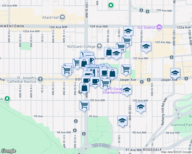 map of restaurants, bars, coffee shops, grocery stores, and more near 10106 108 Street Northwest in Edmonton