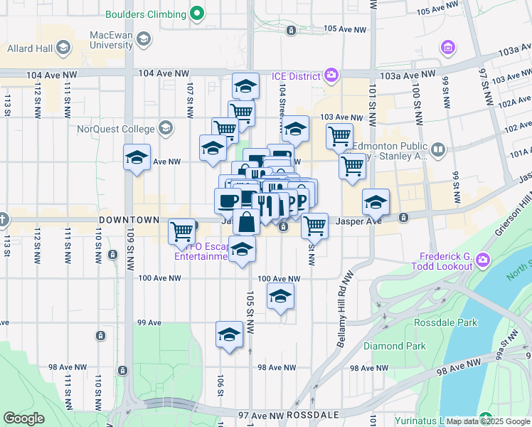 map of restaurants, bars, coffee shops, grocery stores, and more near in Edmonton
