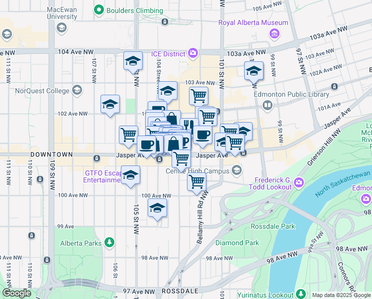 map of restaurants, bars, coffee shops, grocery stores, and more near 10230 Jasper Avenue in Edmonton