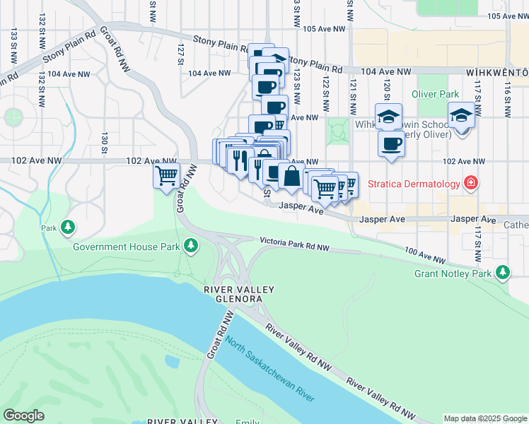 map of restaurants, bars, coffee shops, grocery stores, and more near 10036 124 Street in Edmonton