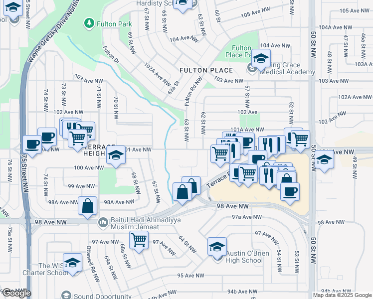 map of restaurants, bars, coffee shops, grocery stores, and more near 6301 101 Avenue Northwest in Edmonton