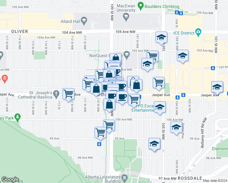 map of restaurants, bars, coffee shops, grocery stores, and more near in Edmonton
