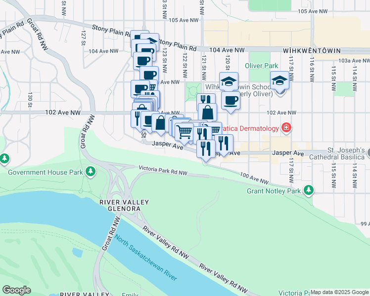 map of restaurants, bars, coffee shops, grocery stores, and more near Jasper Avenue Northwest & 122 Street Northwest in Edmonton