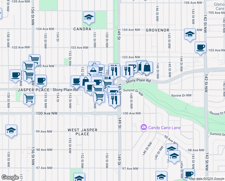 map of restaurants, bars, coffee shops, grocery stores, and more near 14921 Stony Plain Road in Edmonton