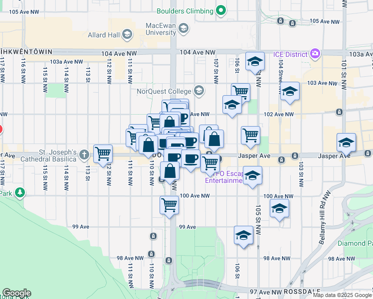 map of restaurants, bars, coffee shops, grocery stores, and more near in Edmonton