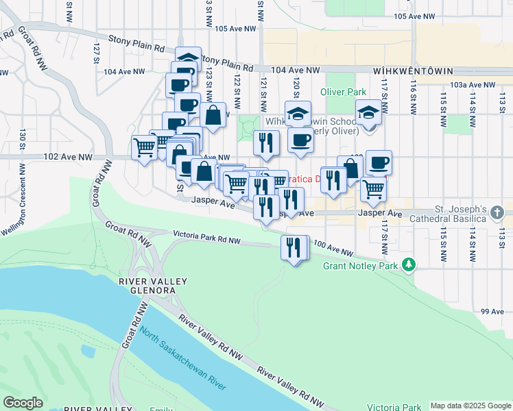 map of restaurants, bars, coffee shops, grocery stores, and more near in Edmonton