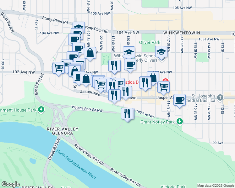 map of restaurants, bars, coffee shops, grocery stores, and more near in Edmonton
