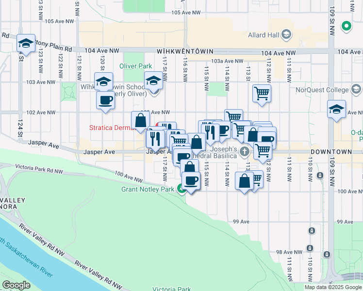 map of restaurants, bars, coffee shops, grocery stores, and more near 11606 Jasper Avenue in Edmonton