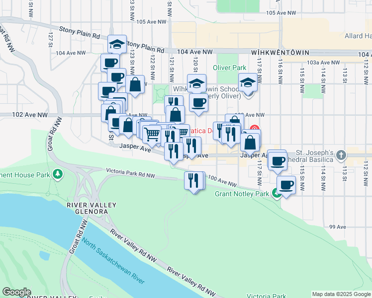 map of restaurants, bars, coffee shops, grocery stores, and more near 12010 Jasper Avenue in Edmonton