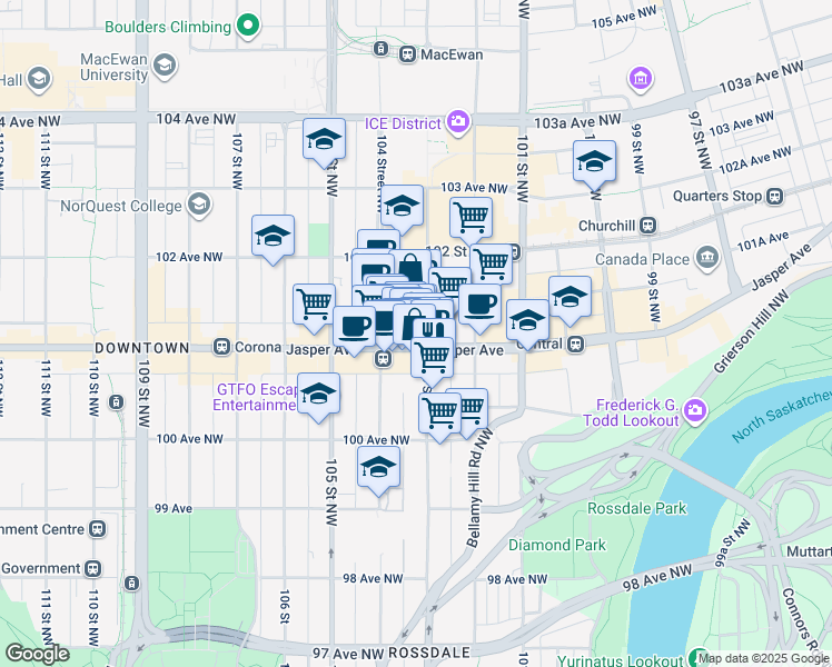 map of restaurants, bars, coffee shops, grocery stores, and more near in Edmonton