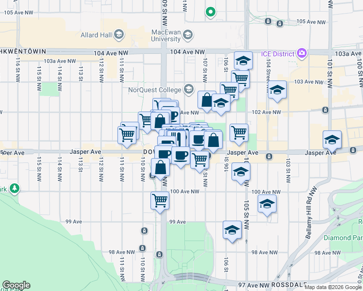 map of restaurants, bars, coffee shops, grocery stores, and more near 10106 108 Street Northwest in Edmonton