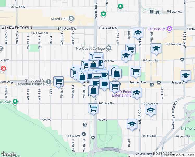 map of restaurants, bars, coffee shops, grocery stores, and more near in Edmonton
