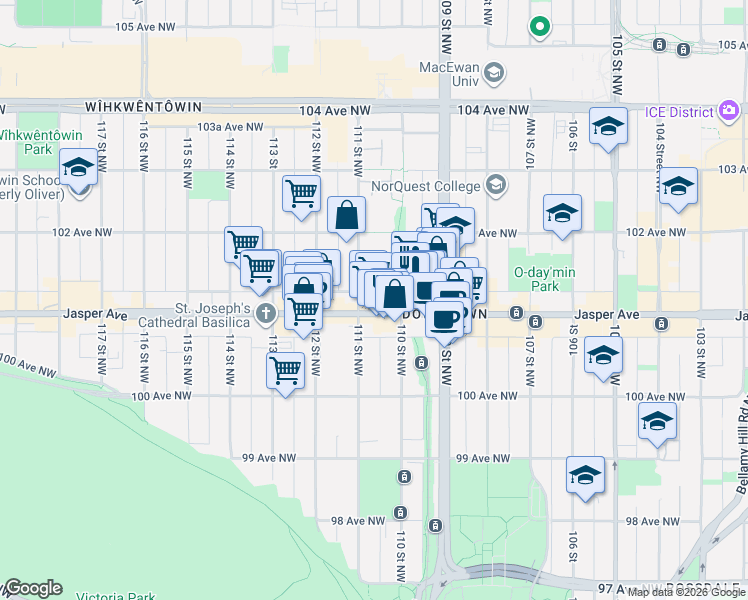 map of restaurants, bars, coffee shops, grocery stores, and more near 11020 Jasper Avenue Northwest in Edmonton