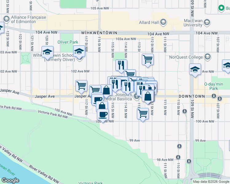 map of restaurants, bars, coffee shops, grocery stores, and more near in Edmonton