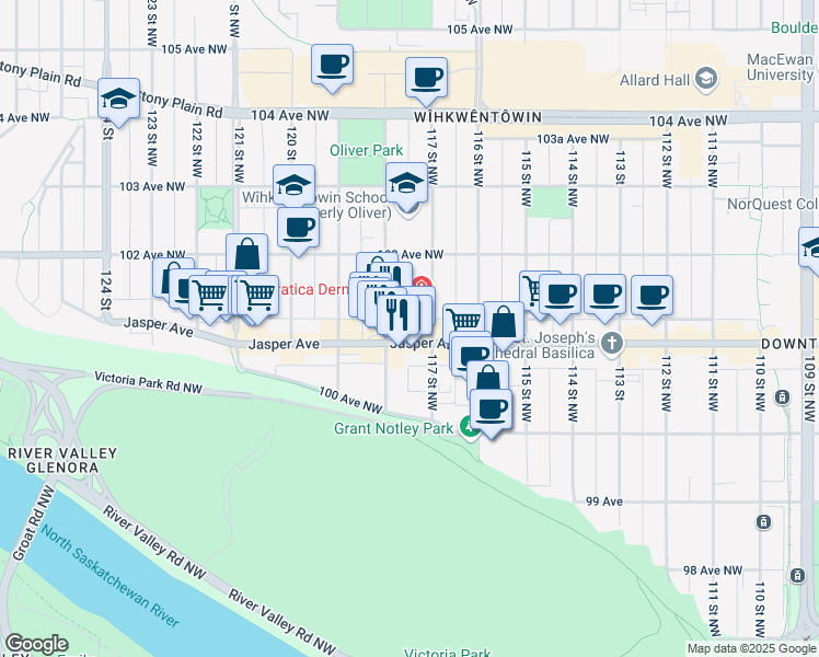 map of restaurants, bars, coffee shops, grocery stores, and more near in Edmonton