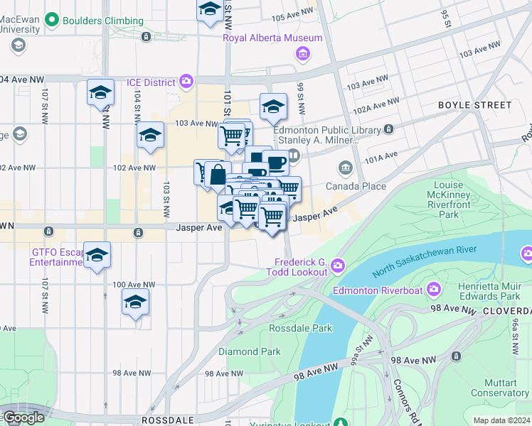 map of restaurants, bars, coffee shops, grocery stores, and more near 10036 Jasper Avenue in Edmonton