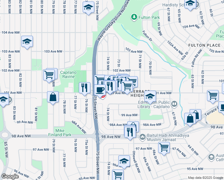 map of restaurants, bars, coffee shops, grocery stores, and more near 7303 101 Avenue Northwest in Edmonton