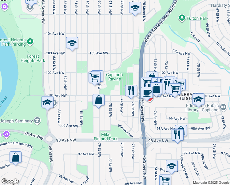 map of restaurants, bars, coffee shops, grocery stores, and more near in Edmonton