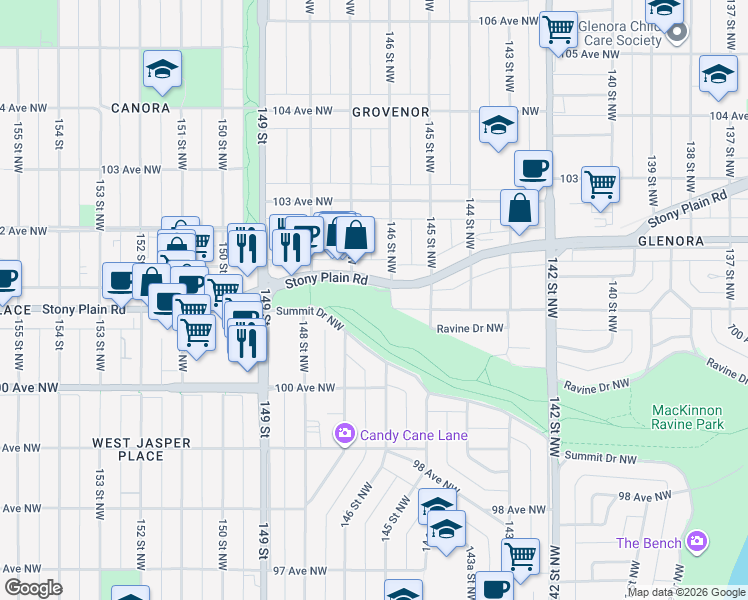 map of restaurants, bars, coffee shops, grocery stores, and more near 14611 Ravine Point in Edmonton