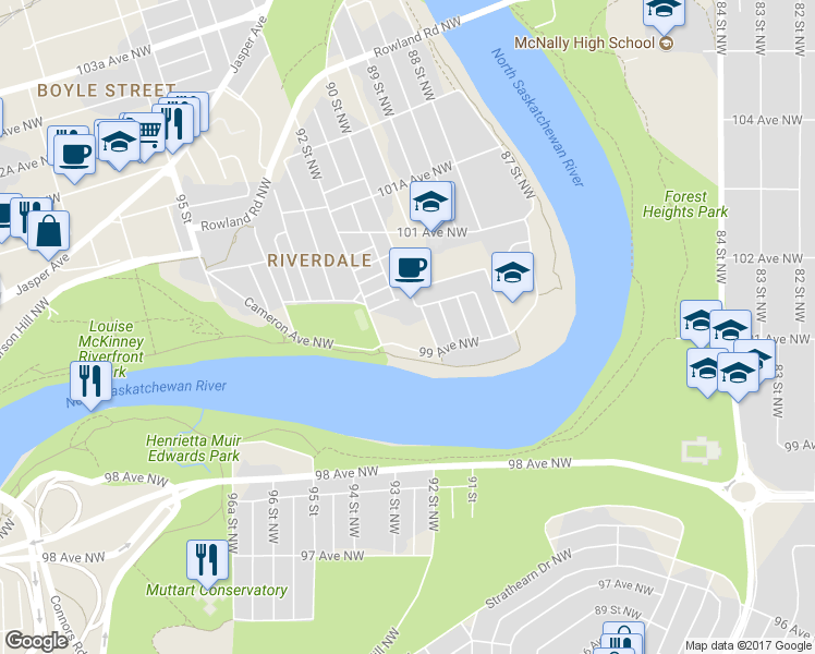 map of restaurants, bars, coffee shops, grocery stores, and more near 9007 99 Avenue Northwest in Edmonton
