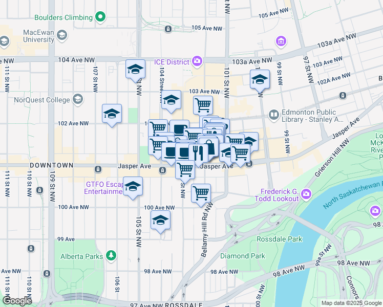 map of restaurants, bars, coffee shops, grocery stores, and more near 103 Street Northwest in Edmonton