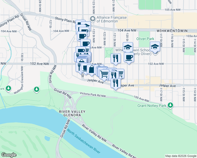map of restaurants, bars, coffee shops, grocery stores, and more near 12220 Jasper Avenue in Edmonton
