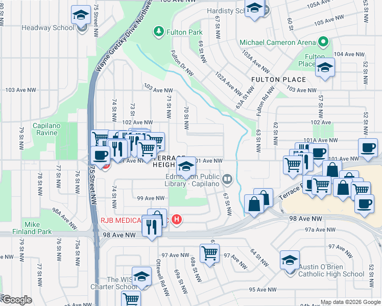 map of restaurants, bars, coffee shops, grocery stores, and more near 6936 101 Avenue Northwest in Edmonton