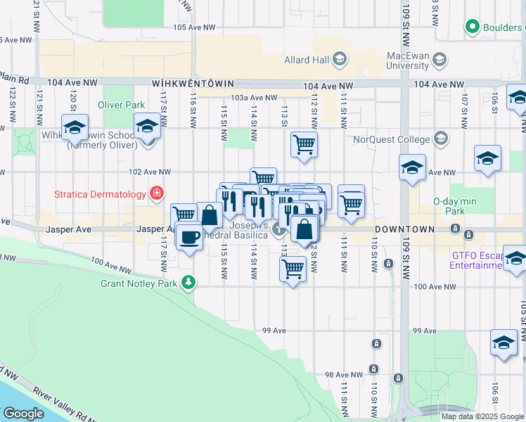 map of restaurants, bars, coffee shops, grocery stores, and more near 11355 Jasper Avenue in Edmonton