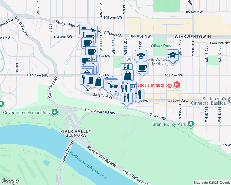map of restaurants, bars, coffee shops, grocery stores, and more near 12141 Jasper Avenue in Edmonton