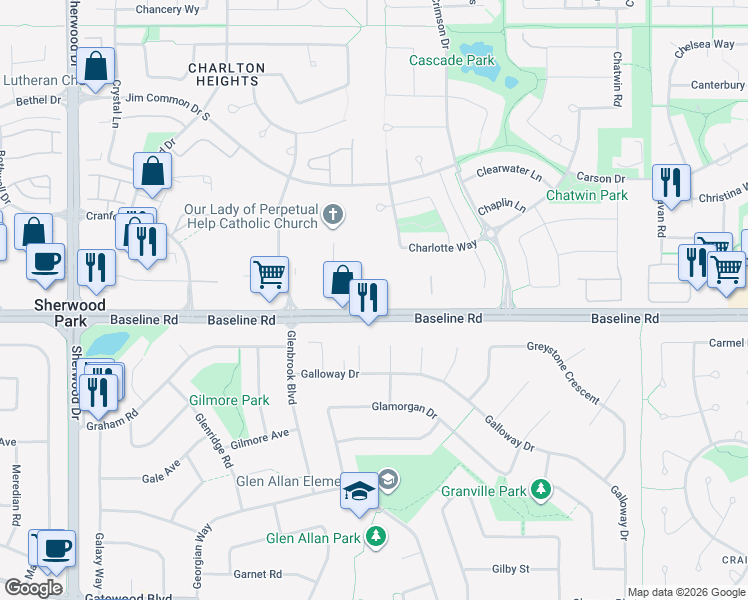 map of restaurants, bars, coffee shops, grocery stores, and more near 273 Charlotte Way in Sherwood Park