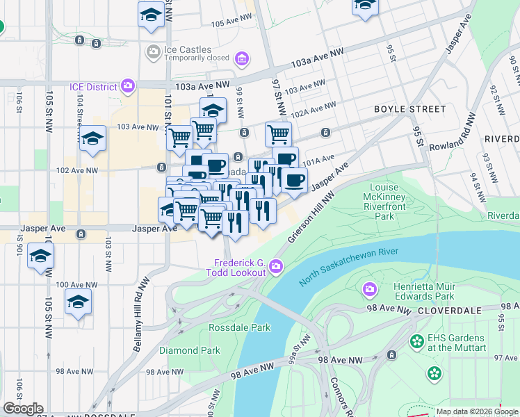 map of restaurants, bars, coffee shops, grocery stores, and more near 9888 Jasper Avenue in Edmonton