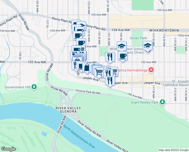 map of restaurants, bars, coffee shops, grocery stores, and more near 10011 123 Street Northwest in Edmonton