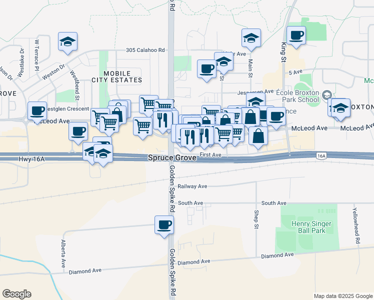 map of restaurants, bars, coffee shops, grocery stores, and more near 101 1 Avenue East in Spruce Grove