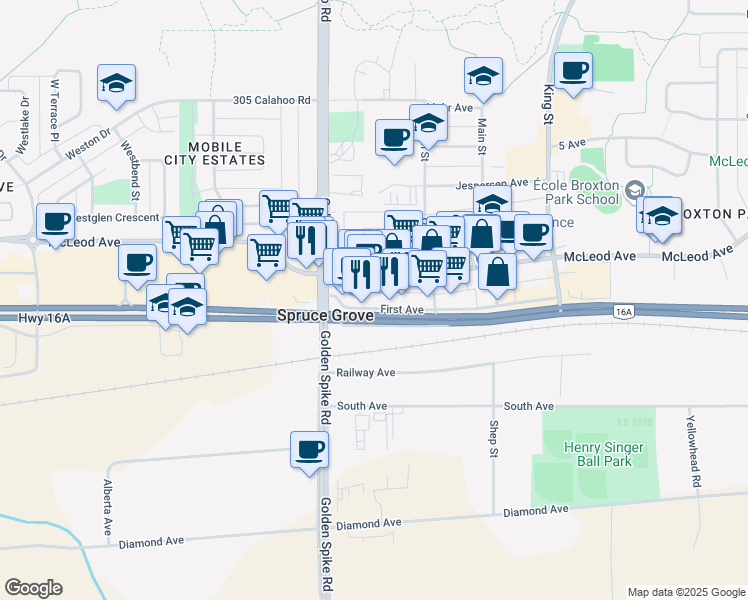 map of restaurants, bars, coffee shops, grocery stores, and more near 101 1 Avenue East in Spruce Grove