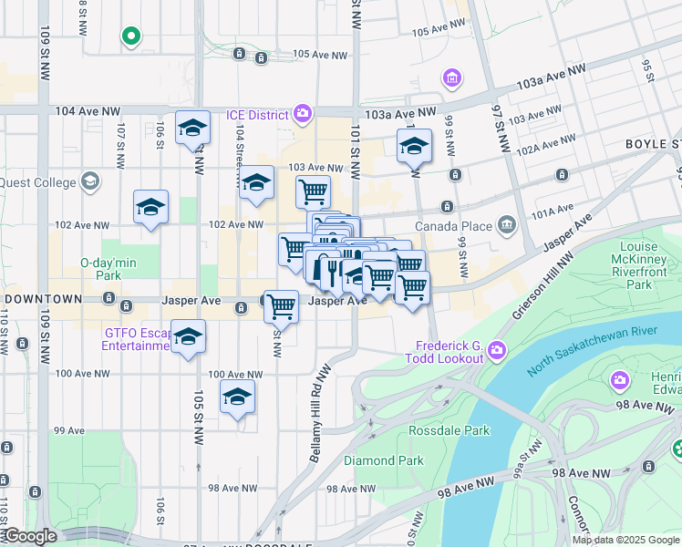 map of restaurants, bars, coffee shops, grocery stores, and more near 10155 102 Street Northwest in Edmonton