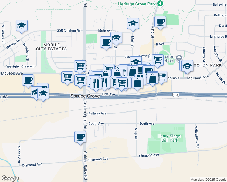 map of restaurants, bars, coffee shops, grocery stores, and more near 300 1 Avenue East in Spruce Grove