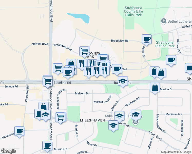 map of restaurants, bars, coffee shops, grocery stores, and more near 270 Baseline Road in Sherwood Park