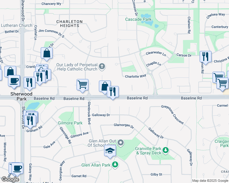 map of restaurants, bars, coffee shops, grocery stores, and more near 271 Charlotte Way in Sherwood Park