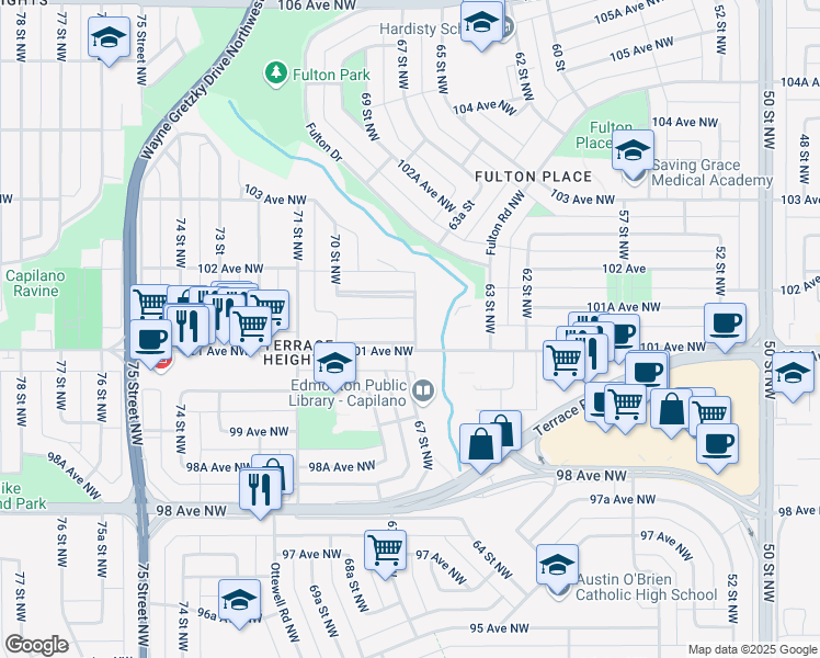 map of restaurants, bars, coffee shops, grocery stores, and more near 10016 67 Street Northwest in Edmonton