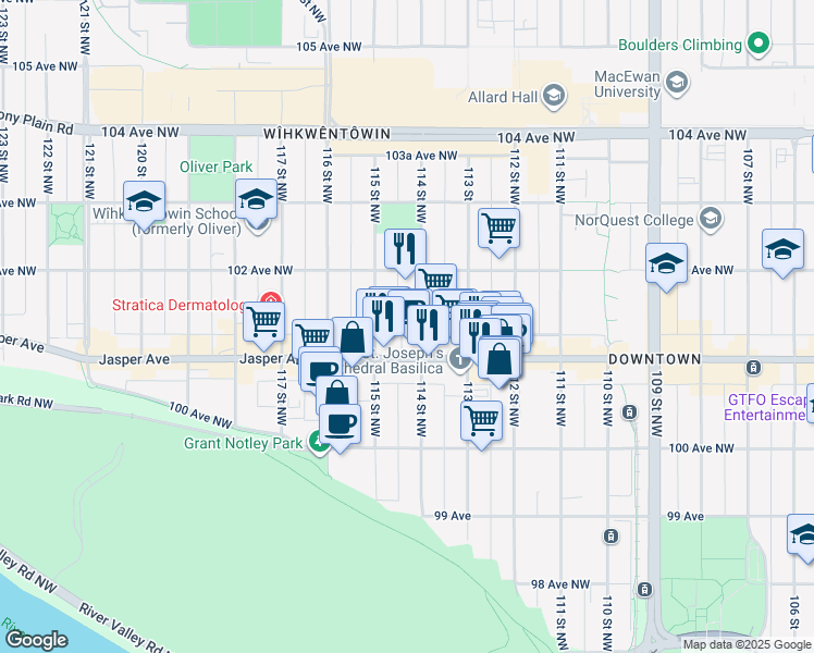 map of restaurants, bars, coffee shops, grocery stores, and more near in Edmonton