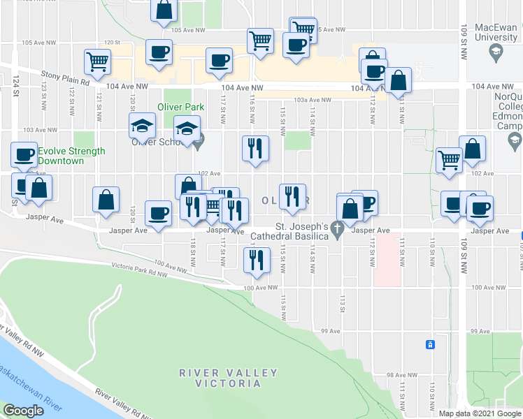 map of restaurants, bars, coffee shops, grocery stores, and more near 11606 Jasper Avenue in Edmonton