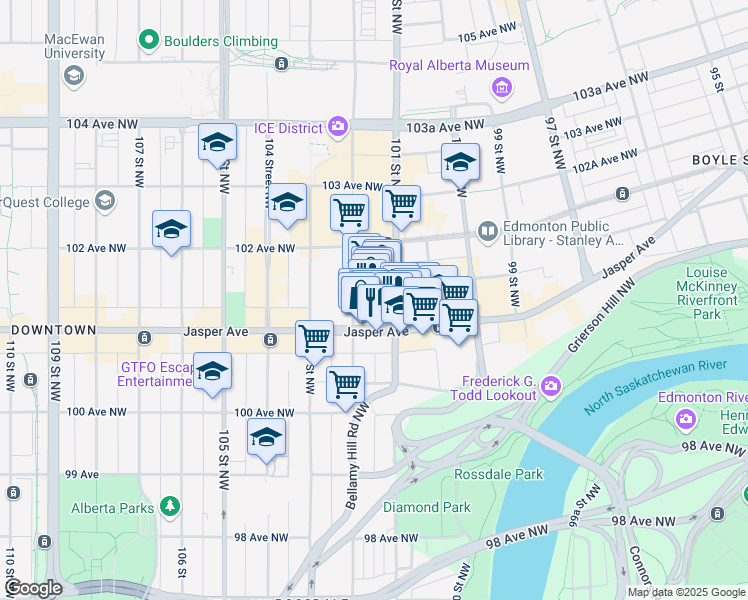 map of restaurants, bars, coffee shops, grocery stores, and more near 10155 102 Street Northwest in Edmonton