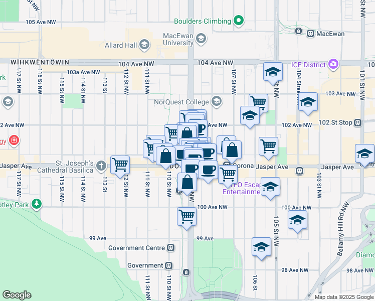 map of restaurants, bars, coffee shops, grocery stores, and more near 10188 109 Street Northwest in Edmonton