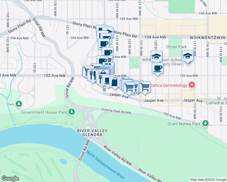 map of restaurants, bars, coffee shops, grocery stores, and more near in Edmonton