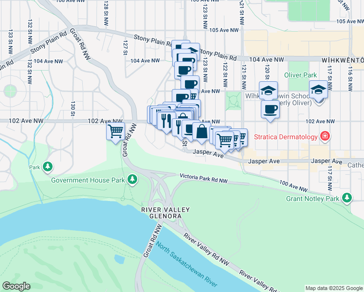 map of restaurants, bars, coffee shops, grocery stores, and more near 10036 124 Street in Edmonton